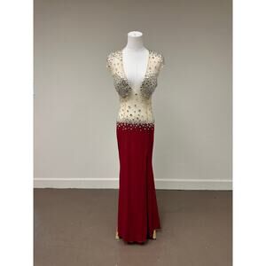 Jovani Red Sexy Satin V-Neck Backless Rhinestone Prom Dress Size 2